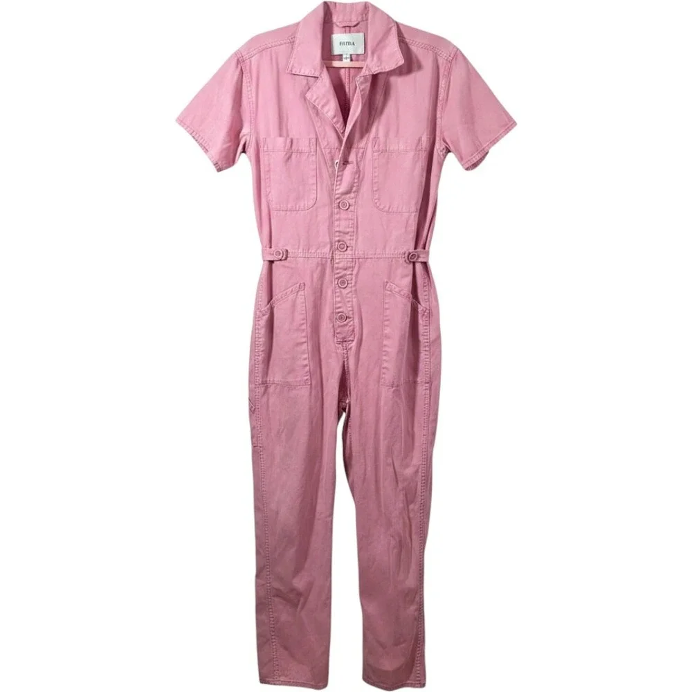 Pistola Pink Cotton Utility Jumpsuit Short Sleeve Wide Leg Suit Small - Picture 1 of 9